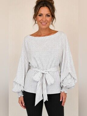 MAX Jeans Polka Dot Ruffle Bell Sleeve Tie Waist Statement Blouse Cottagecore